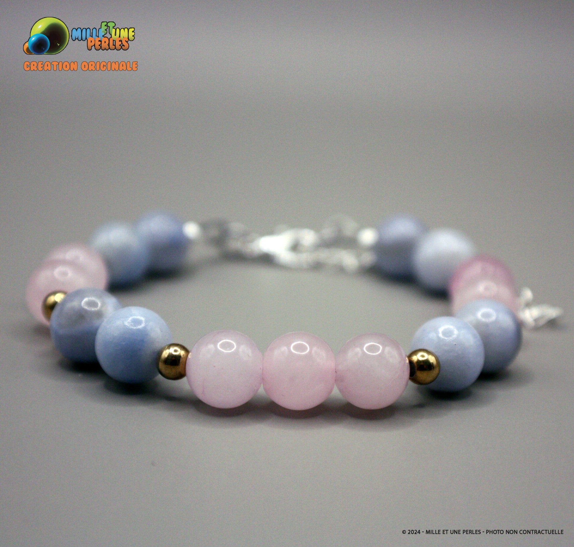 125002 Bracelet de Perles Naturelles Calcédoine et Quartz Rose