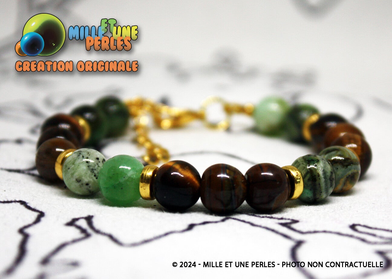 20240029 Bracelet Perles naturelles Œil de Tigre Calcite Verte