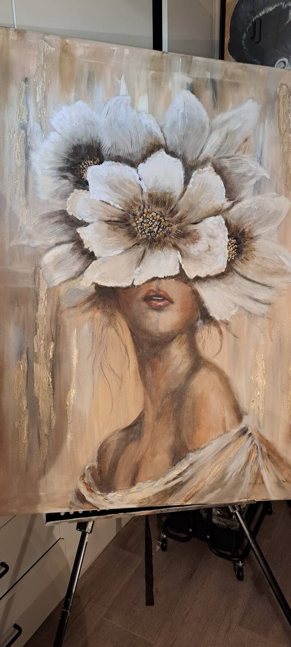 Origineel Schilderij "Feminine Bloom" – Handgemaakt Mixed Media Portret