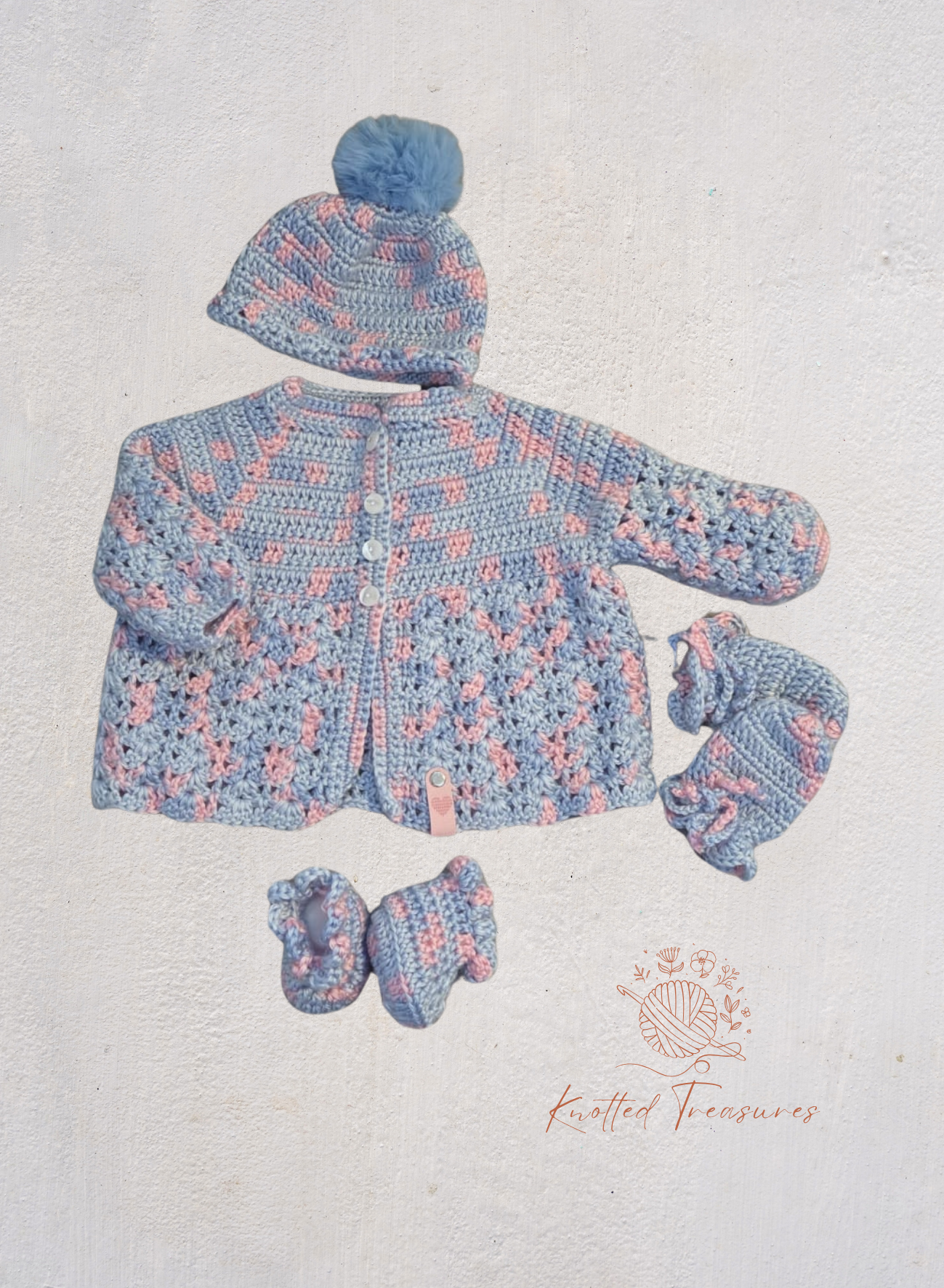 Baby cardigan with beanie, booties and mittens set