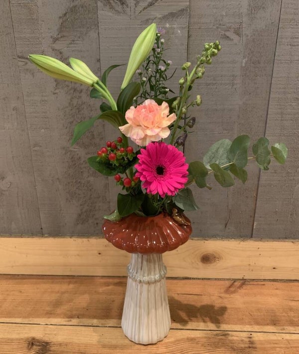 Paddestoel vaas met bonte bloemen groot