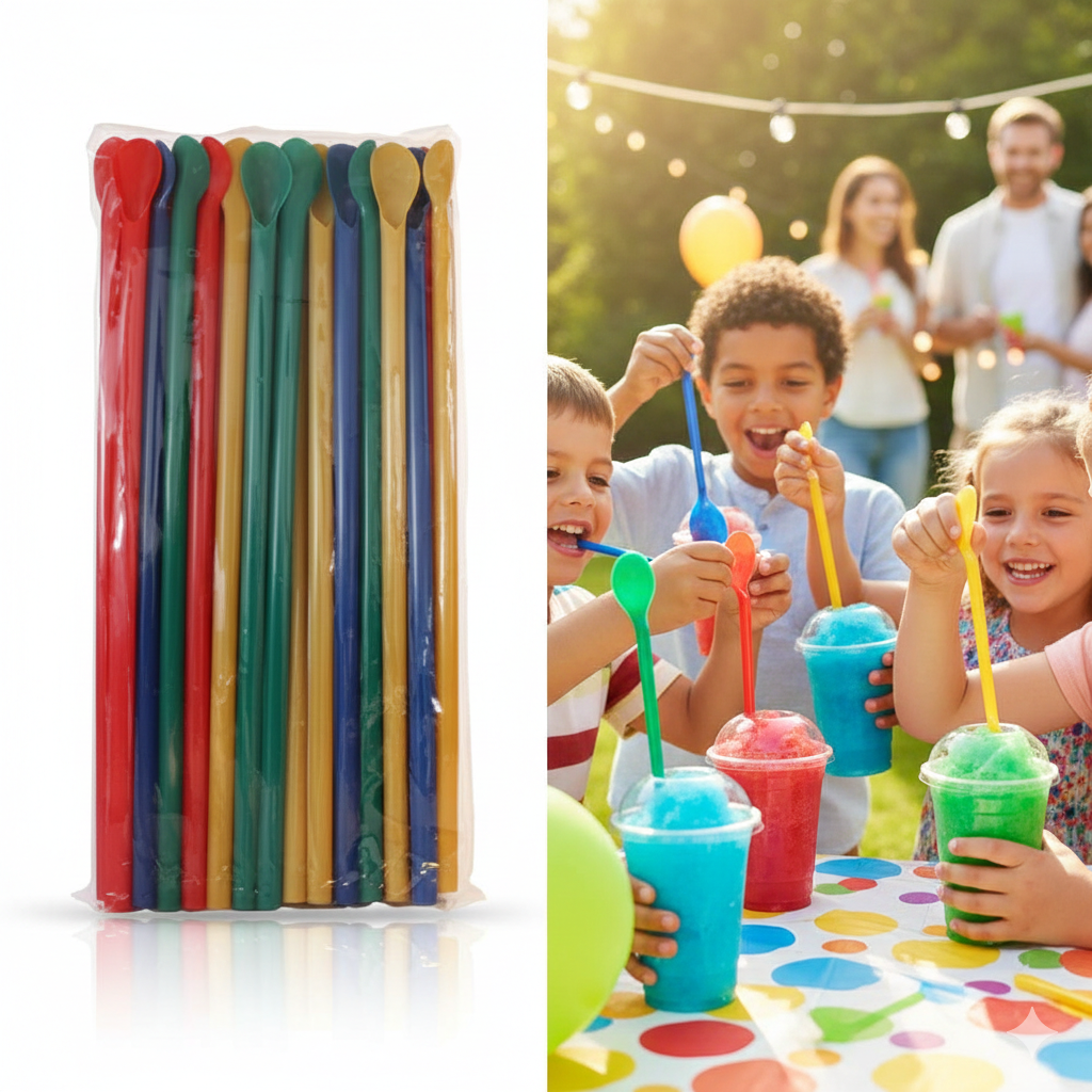 50 stk. Slush Ice Sugerør med Ske – Blandede Farver