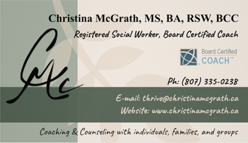 Christina McGrath Business Card, Counselling and Coaching- opportunity for new life, hope, growth, change, transition, flourishing, healing, wellness