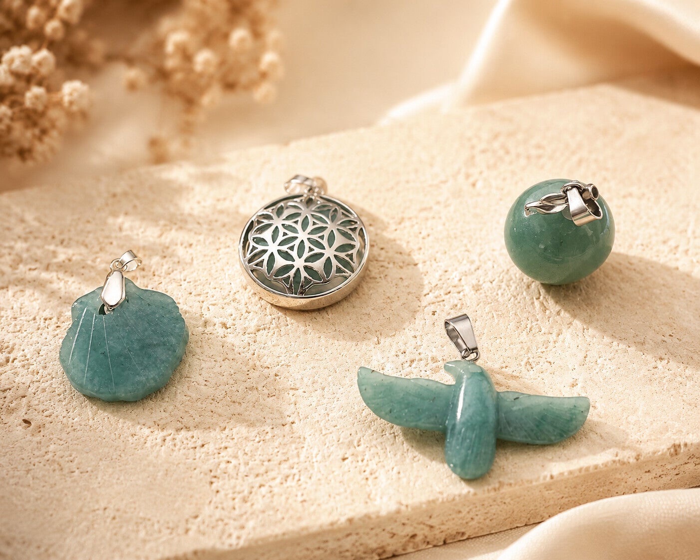 Aventurine - Pendentifs Aigle / Pomme / Coquillage / Médaillon Fleur de Vie