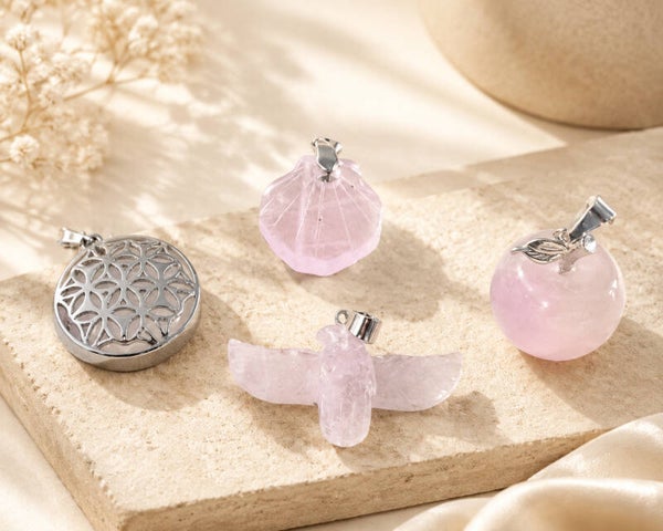 Quartz Rose - Pendentifs Aigle / Coquillage / Pomme / Médaillon Fleur de Vie