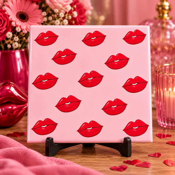 Roze tegeltje met rode lippen