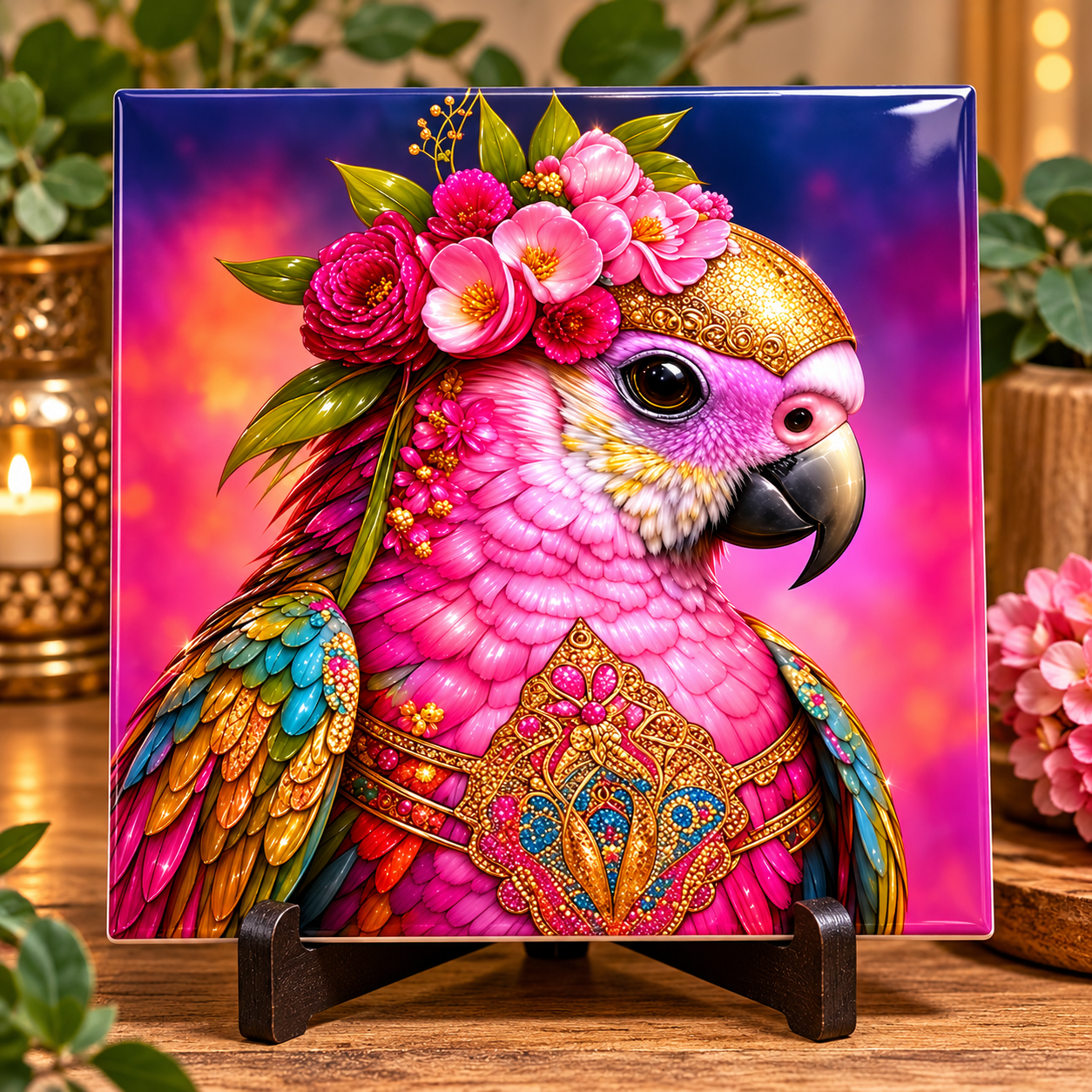Tropische Pracht – Roze Papegaai Tegeltje