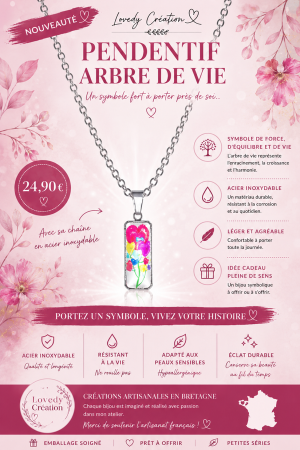Pendentif + chaîne  ARBRE DE VIE multicolor . En acier inoxydable