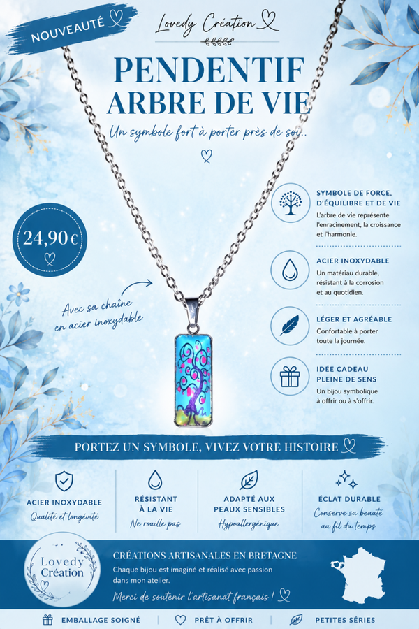 Pendentif + chaîne  ARBRE DE VIE bleu azur. En acier inoxydable