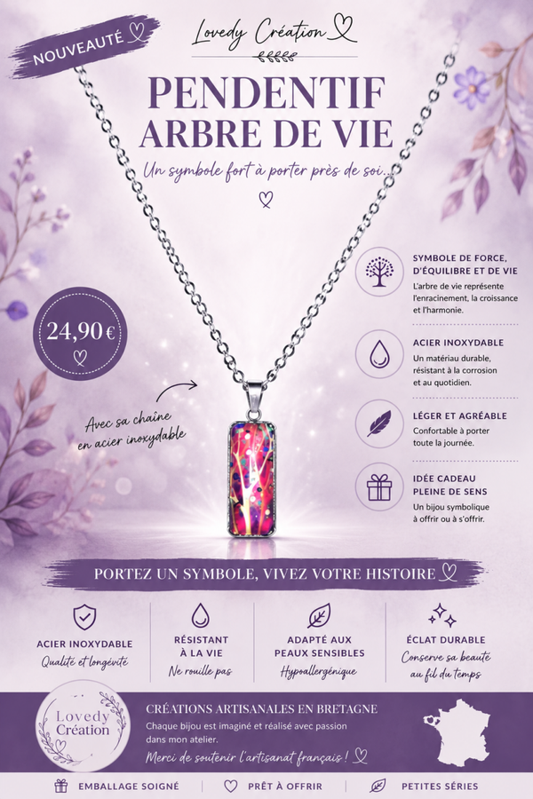 Pendentif + chaîne  ARBRE DE VIE rouge. En acier inoxydable