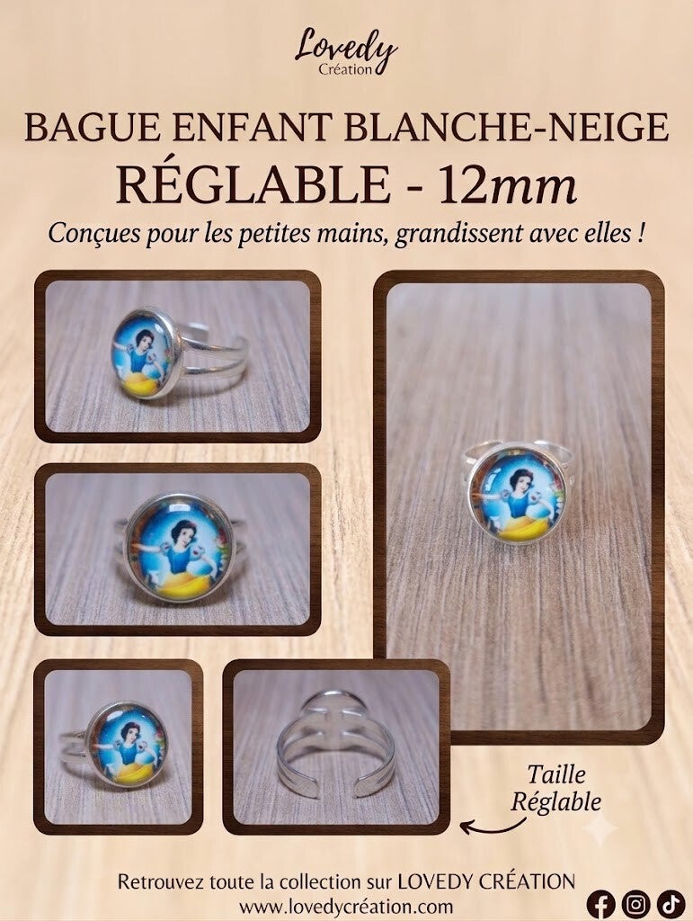 Bague Enfant Blanche-Neige Réglable – 12 mm