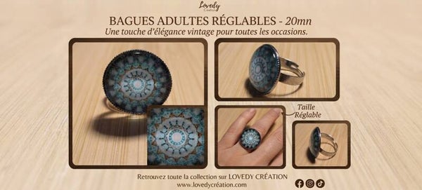 Bague Adulte Réglable – Motif Mandala Bleu et Violet Vintage
