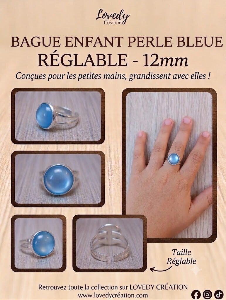 Bague Enfant Perle Bleue Réglable – 12 mm