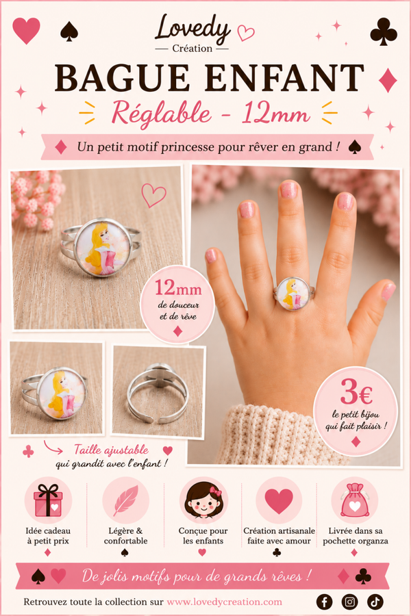 Bague Enfant Réglable – Motif Princesse Aurore - 12 mm