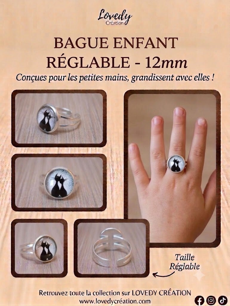 Bague Enfant Chat Réglable – 12 mm