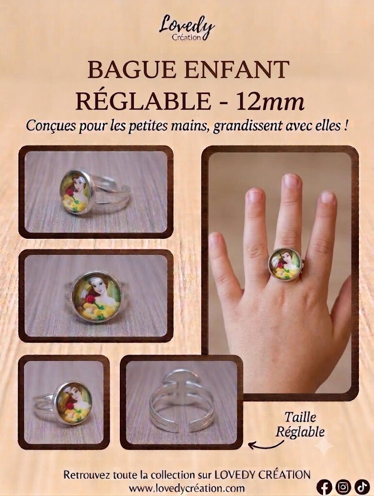 Bague Enfant Belle (La Belle et la Bête) Réglable – 12 mm