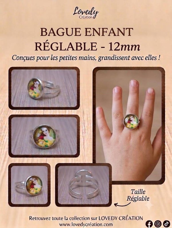 Bague Enfant Belle (La Belle et la Bête) Réglable – 12 mm
