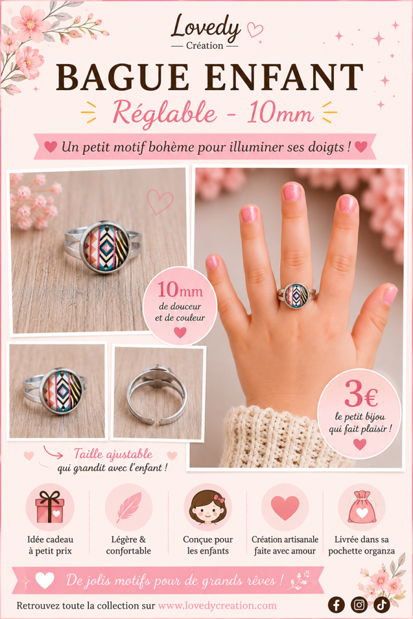 Bague Enfant Réglable – Motif Bohème et Géométrique - 12 mm