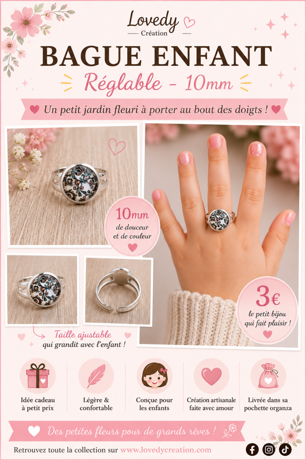 Bague Enfant Fleur Bohème Ajustable – 10 mm