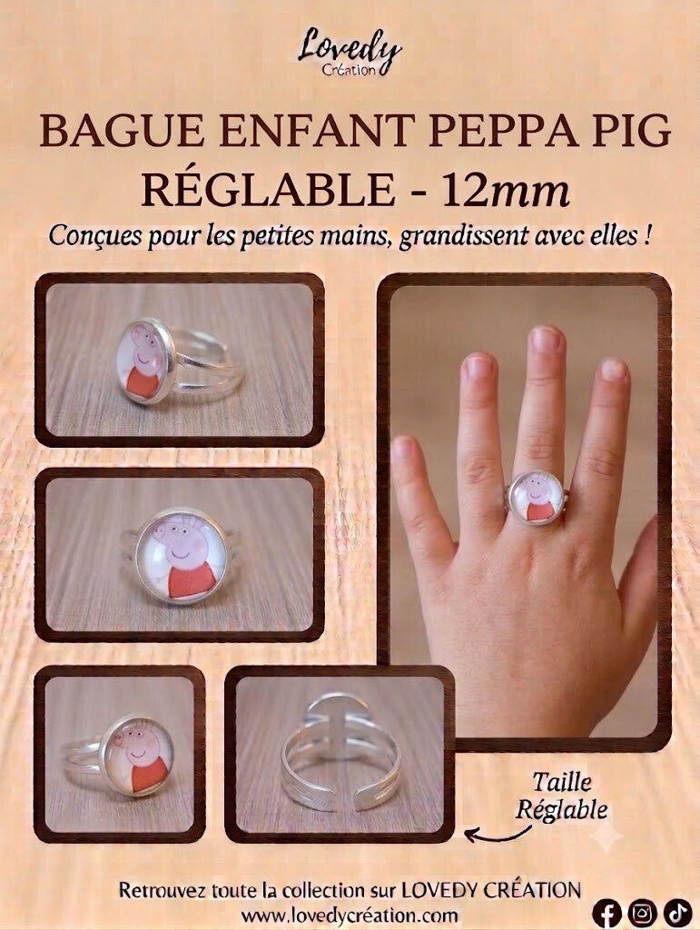 Bague Enfant Peppa Pig Réglable – 12 mm