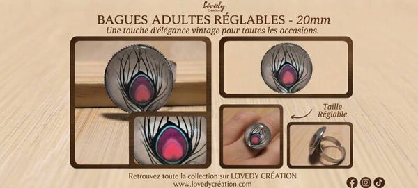 Bague Adulte Réglable – Motif Plume Paon Rose et Noir