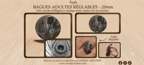 Bague Adulte Réglable – Motif Plumes Noir et Blanc avec Touche de Bleu