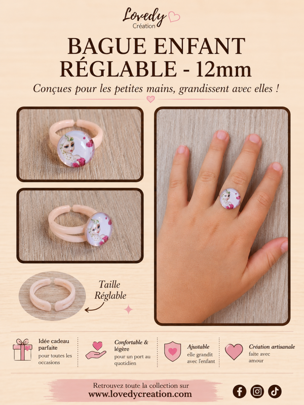 Bague enfant princesse rose réglable – 12 mm