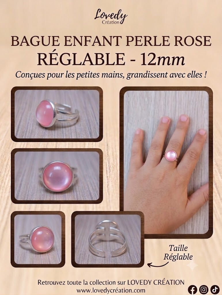 Bague Enfant Perle Rose Réglable – 12 mm