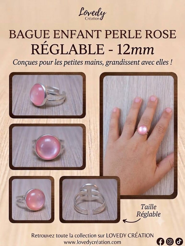 Bague Enfant Perle Rose Réglable – 12 mm