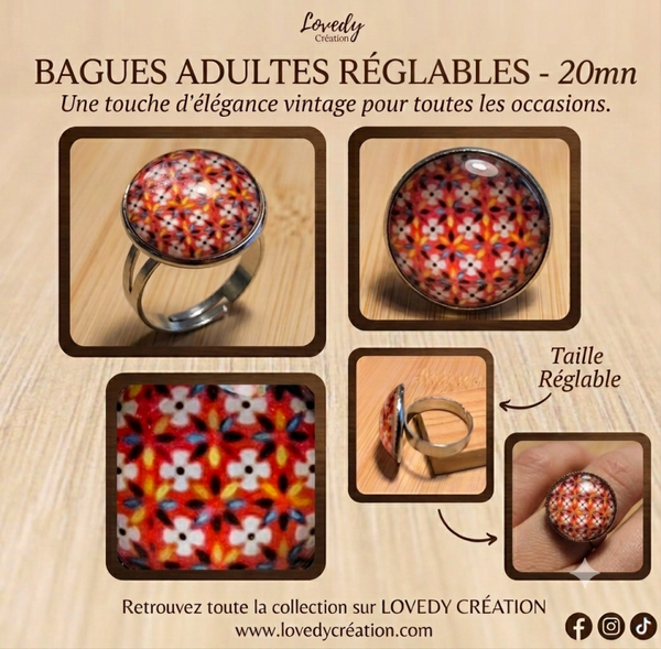 Bague Adulte Réglable – Motif Floral Rouge et Multicolore 20 mm
