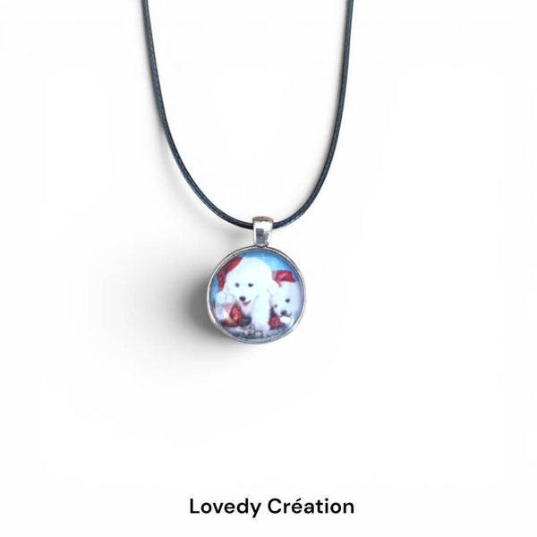 Pendentif – Collier Cordon Noir et Médaillon Chiots de Noël (20 mm)