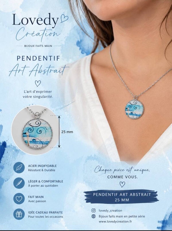 Pendentif "Art Abstrait" Bleu - Acier inoxydable
