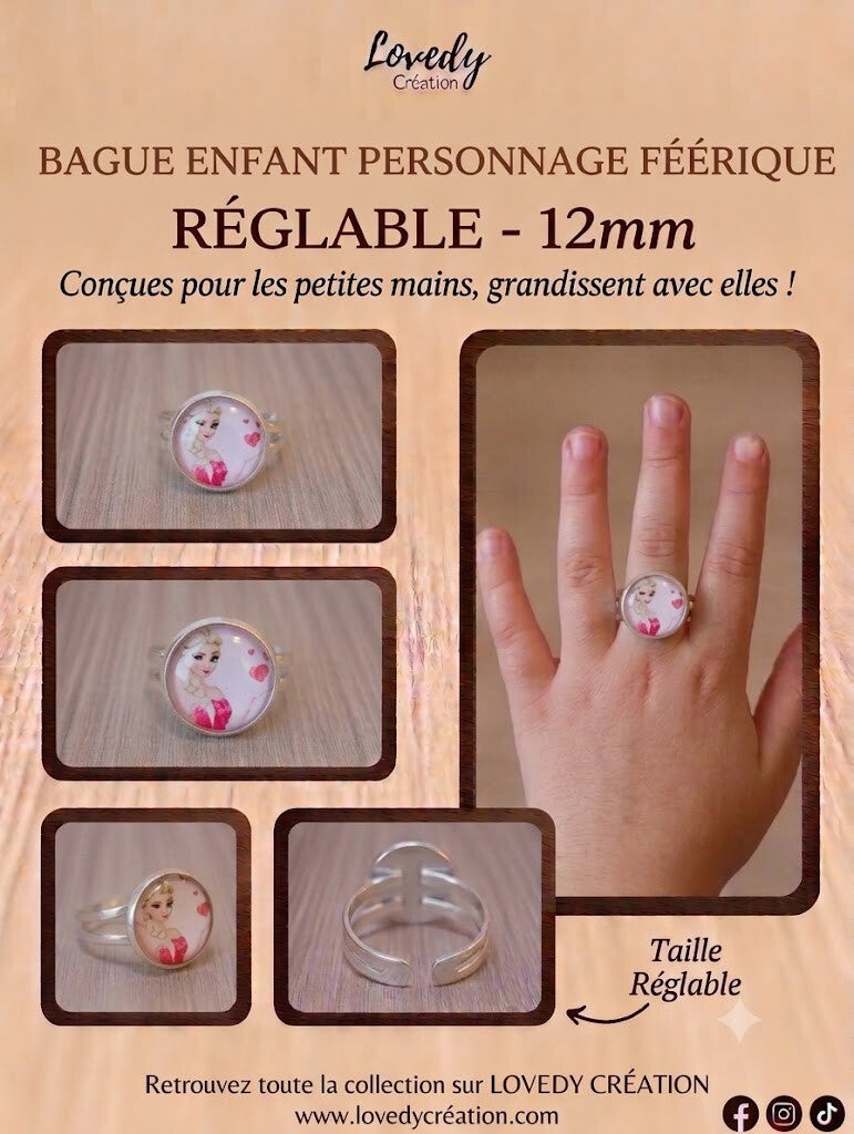 Bague Enfant Personnage la Reine des Neiges Rose Réglable – 12 mm