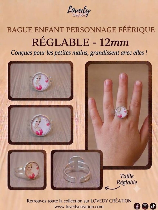 Bague Enfant Personnage la Reine des Neiges Rose Réglable – 12 mm