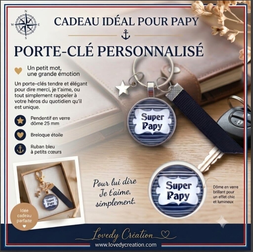 Porte-clé « Super Papy » - Gris et noir