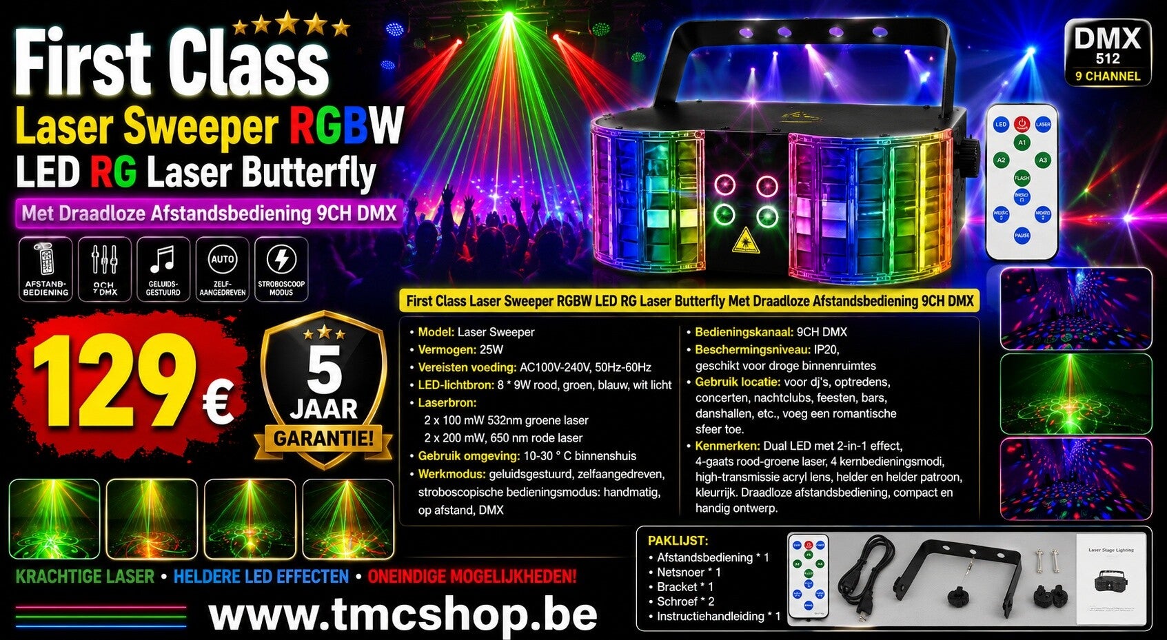 First Class Laser Sweeper RGBW LED RG Laser Butterfly Met Draadloze Afstandsbediening 9CH DMX