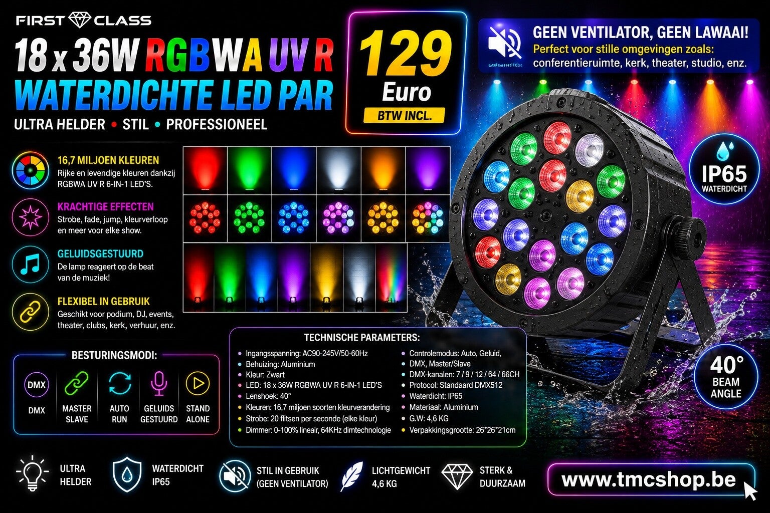 First Class 18 x 36W RGBWA UV R Waterdichte Led Par