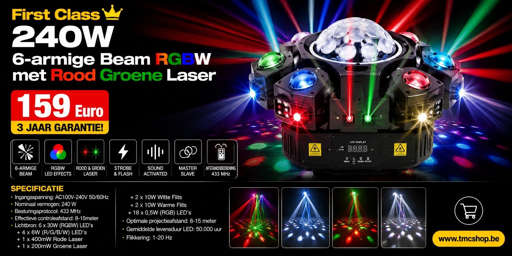 First Class 240W 6-armige Beam RGBW met Rood Groene Laser