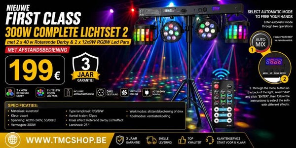First Class 300W Complete Lichtset 2 met 2 x 40 w Roterende Derby & 2 x  12x9W RGBW Led Pars Met  Afstandsbediening