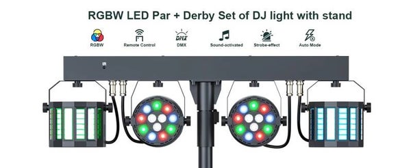 First Class 300W Complete Lichtset 2 met 2 x 40 w Roterende Derby & 2 x  12x9W RGBW Led Pars Met  Afstandsbediening