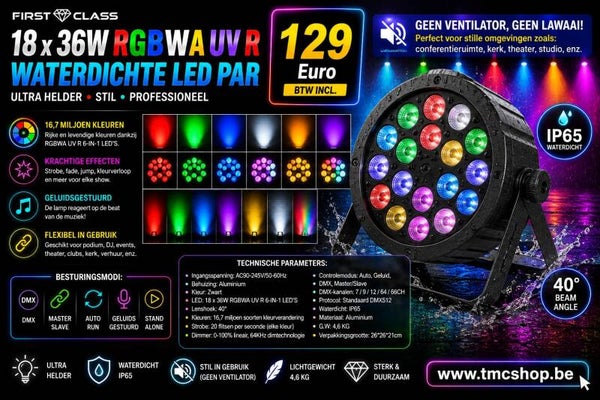 First Class 18 x 36W RGBWA UV R Waterdichte Led Par