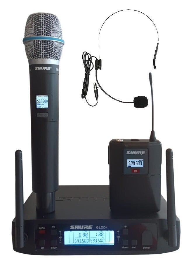 Shure Gld B87 500-599Mhz Professionele Draadloze Microfoon 2-kanaals met 1 handheld & 1 headset microfoon.