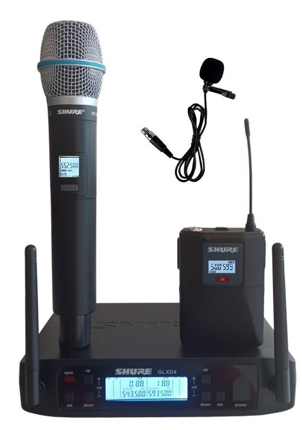 Shure Gld B58 600-699Mhz Professionele Draadloze Microfoon 2-kanaals met 1 handheld microfoon & 1 dasspeld microfoon.