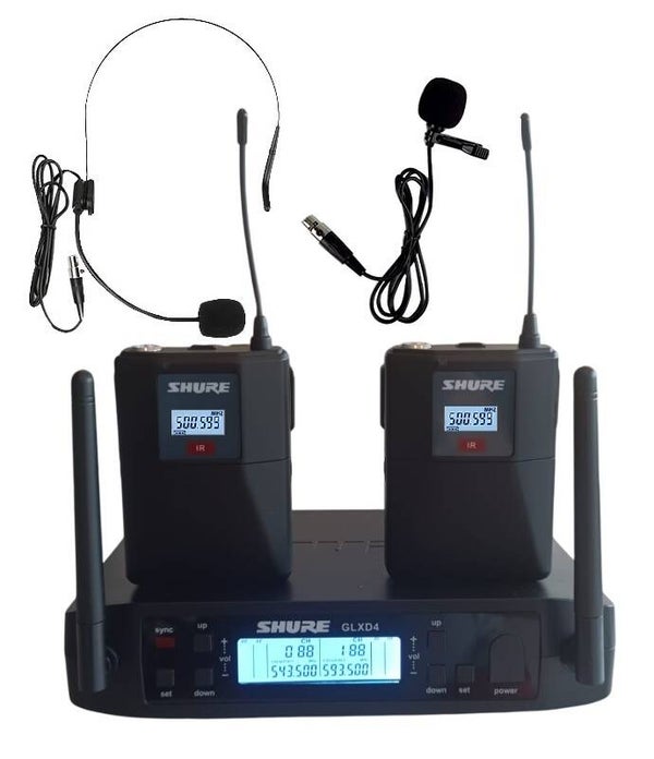 Shure Gld B87 500-599Mhz Professionele Draadloze Microfoon 2-kanaals met 1 headset en 1 dasspeld microfoon.