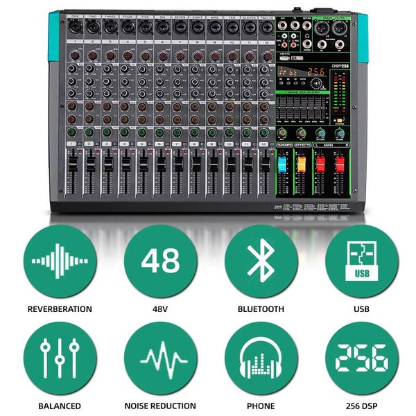 First Class Professionele Audio Mixer 12 Kanaals met Ingebouwde 256 Effecten.