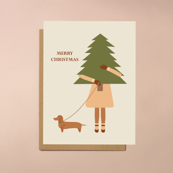 Kerstkaart "christmas tree and dachshund"