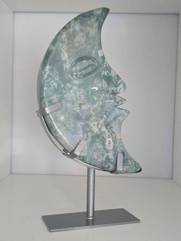 Moss Agate Large Moon with custom handmade stand Z380