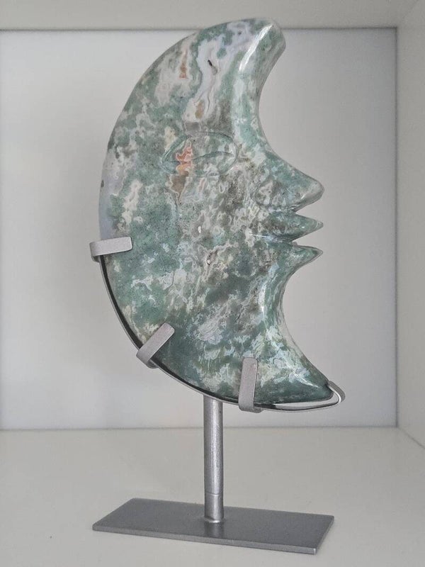 Moss Agate Large Moon with custom handmade stand Z378