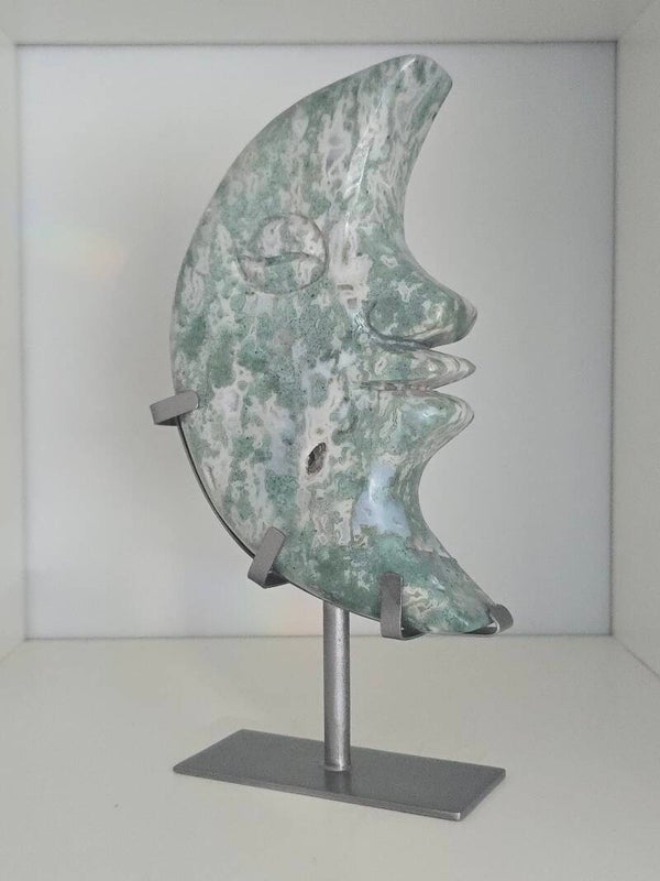 Moss Agate Druzy Large Moon with custom handmade stand Z1379