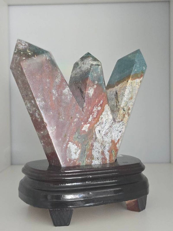 Ocean Jasper Triple Tower in wooden base Z313